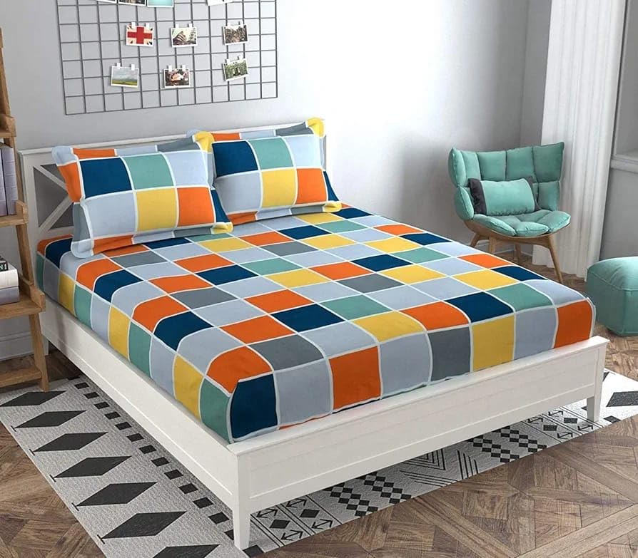 Image of Glace Cotton Double Bedsheet - 90x90 Inch with 2 Pillow Covers 18x28 Inch Multicolor Grid Check Print Bed Sheet Set - Soft Flat Bedcover for Double Mattress Bedroom Hostel Room - Multi Check