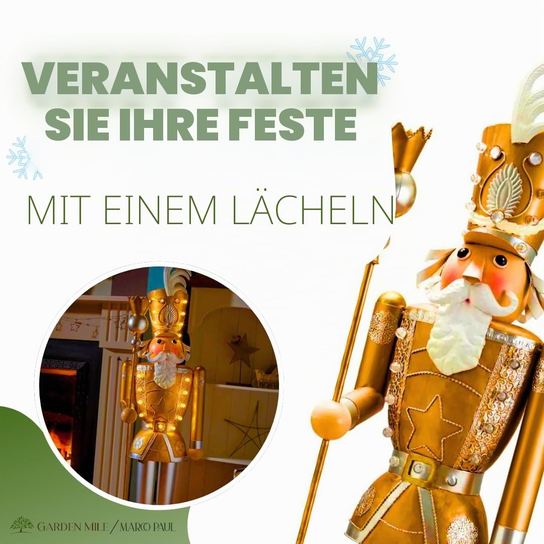 Marco Paul Riesen-Nussknacker, 119 cm, Weihnachts-Metall beleuchtet traditionelle Festliche Figur mit 23 warmweißen LEDs Innendekoration, Neuheit, Ornament batteriebetrieben, beleuchtet (Gold & Weiß)