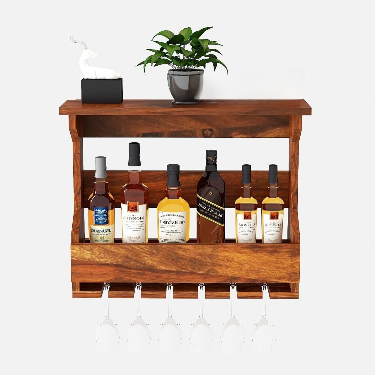 FL@TU Art Jorden Wooden Wall Hanging Design Bar | Bar Cabinets for Home | Mini Bar for Home | Solid Wood Make Wine Storage Cabinet with Glass Hanging Space-Natural Finish (Bar 6) (Natural)-image-29