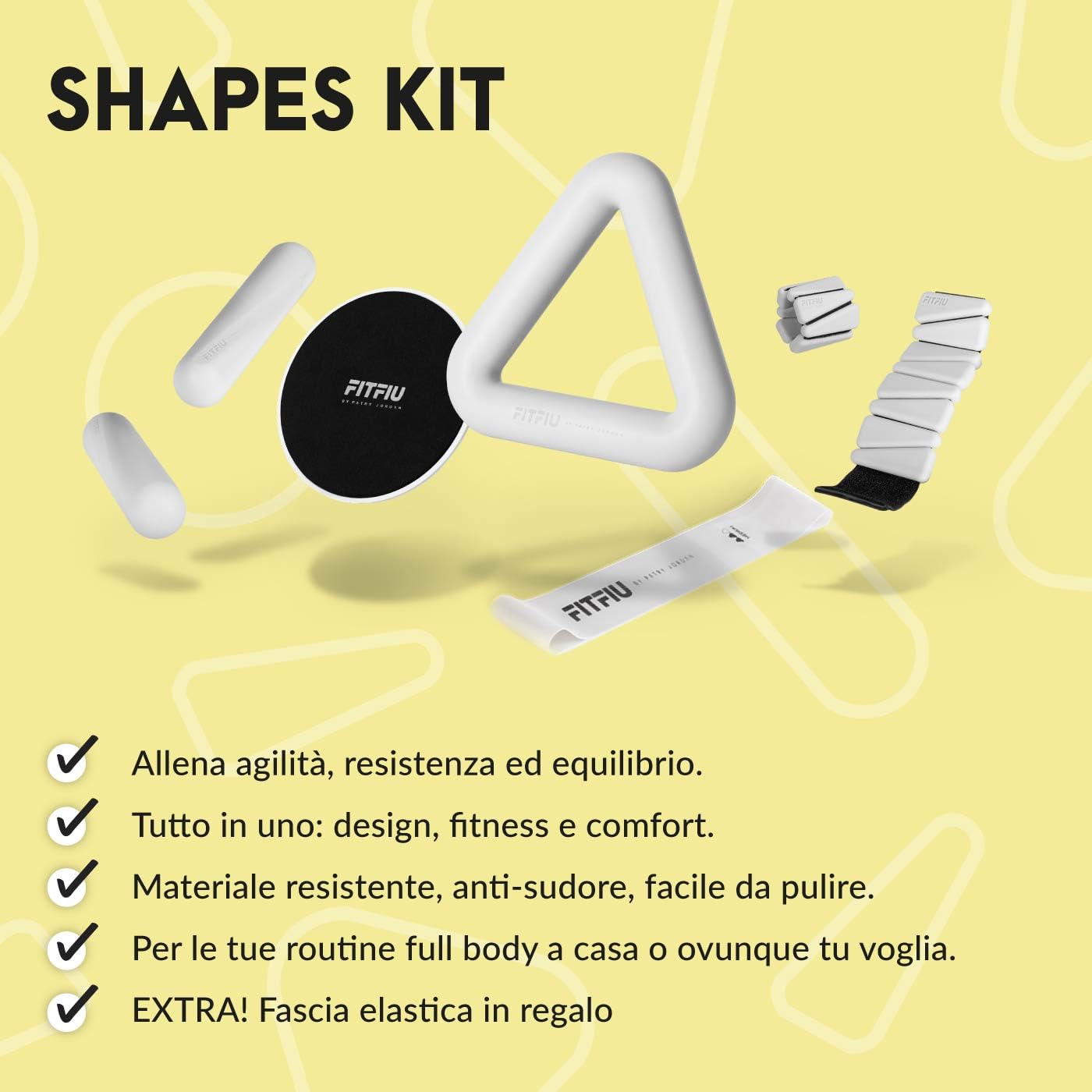 FITFIU Fitness SHAPES KIT - Confezione da 4 accessori sportivi: 1 kettlebell 2 cinghie da polso 2 manubri 2 dischi scorrevoli 1 elastico in acciaio in silicone bianco SHAPES COLLECTION di Patry Jordan
