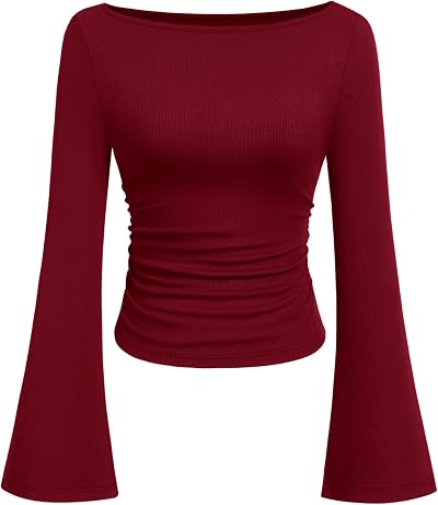 PRETTYGARDEN Womens Bell Long Sleeve Ribbed Knit Tops