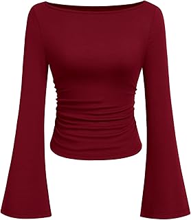 Women's Long Sleeve Shirts 2025 Fall Crop Going Out Tops Casual Boat Neck Bell Sleeve Ribbed Ruched Y2K Clothes