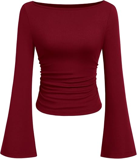 PRETTYGARDEN Women Long Sleeve Shirt 2025 Crop Casual Boat Neck Bell Sleeve Ribbed Ruched Y2K Clothing