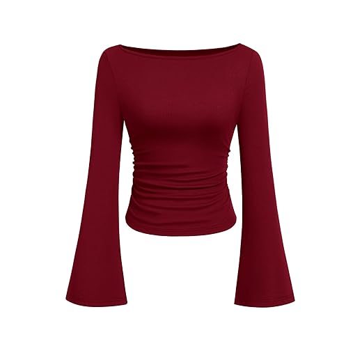 PRETTYGARDEN Womens Long Sleeve Shirts 2026 Spring Crop Going Out Tops Casual Boat Neck Bell Sleeve Ribbed Ruched Y2K Clothes