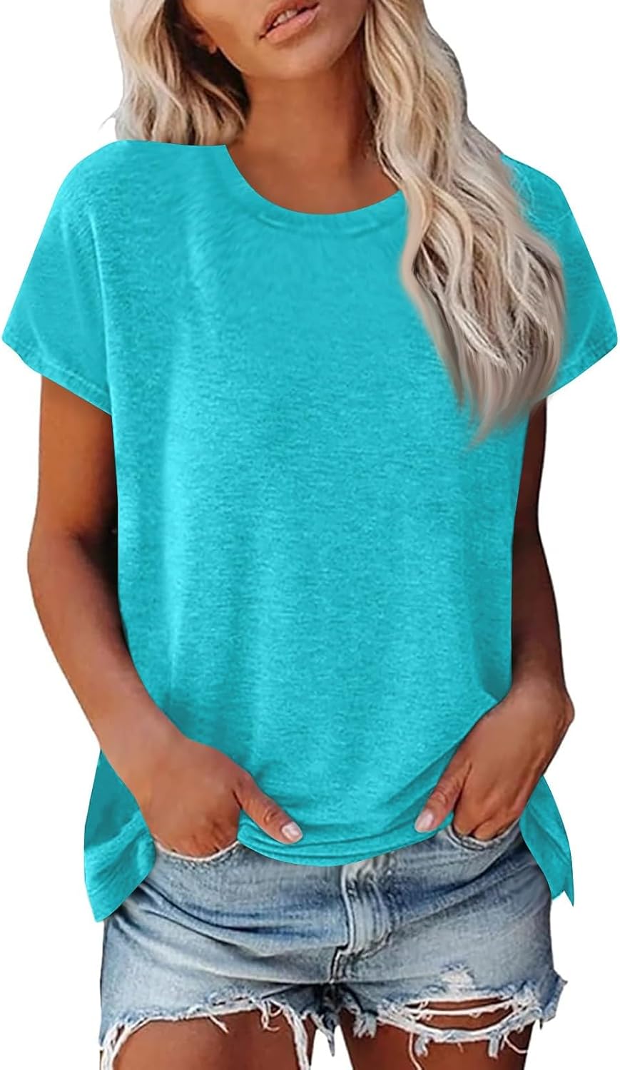 Women's T Shirts, Crew Neck Short Sleeve Tops Summer Solid Loose Fit Basic Blouses, S-4XL