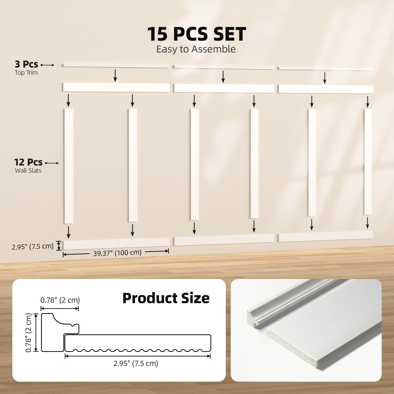 WADILE Kit de Paneles de Pared Board and Batten, Revestimiento de Pared Pintable de PS con 12 Molduras y 3 Perfiles Decorativos, para Salón, Dormitorio y Pasillo