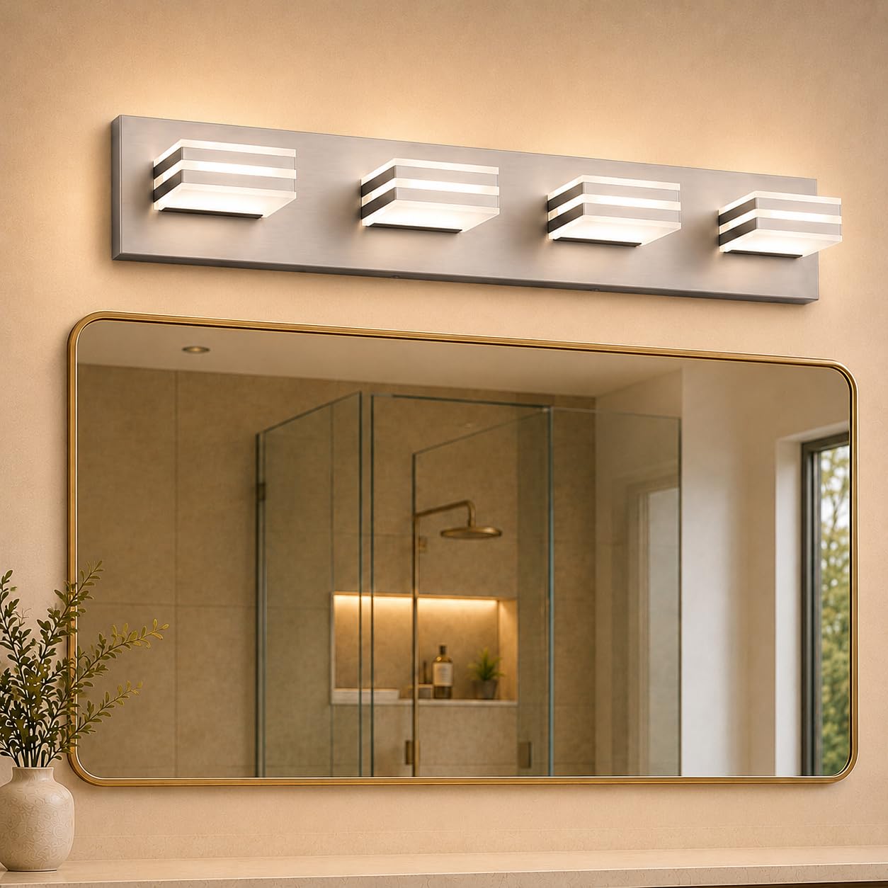 4-Light Brushed Nickel Bathroom Vanity Light, 27 Inch 32W 5CCT Dimmable LED Wall Fixture, Hardwired Over Mirror Lighting with Clear Acrylic Shade for Bathroom Remodel