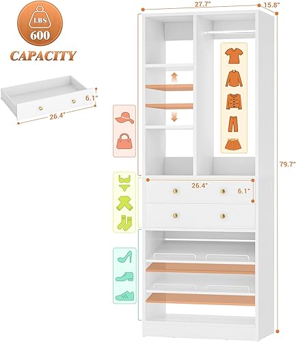 Miniatura 3 de Sistema de armario pequeño, sistema organizador de armario de 28 pulgadas2.3 pies con cajones y estantes, sistemas de armarios para armarios