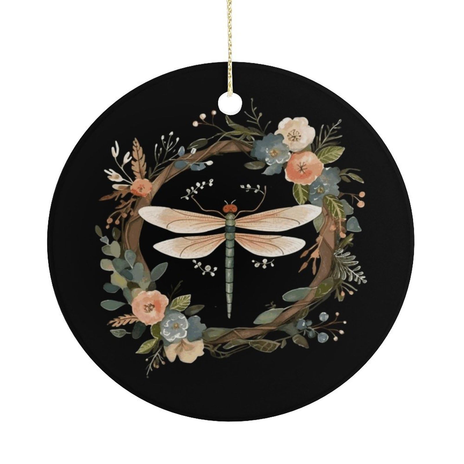 Image of Dragonfly in Wreath Christmas Ornaments Colorful Round Ceramic Ornament Christmas Hanging Decor Christmas Tree Decorations Xmas Keepsake for Women Men Xmas Holiday Party
