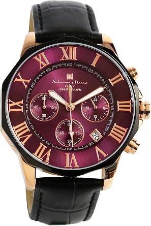 Salvatore Mala SM15104-PGPLLE Wristwatch, Red Chronograph, Water Resistant to 10 ATM, Business, Formal, Mens Leather Strap, Burpull, Black