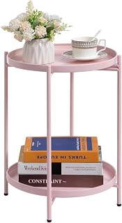 HollyHOME 2-Tier Round Side Table, Outdoor Small Folding Accent Stand with Removable Tray, Anti-Rust Metal Asional Table f... Price In India