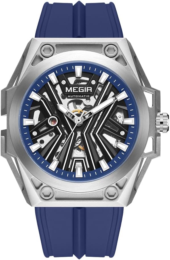 MEGIR Automatic Men's Wrist Watch, 316L Steel Case, Luminous Dial, 5ATM Water Resistant, Silicone Band