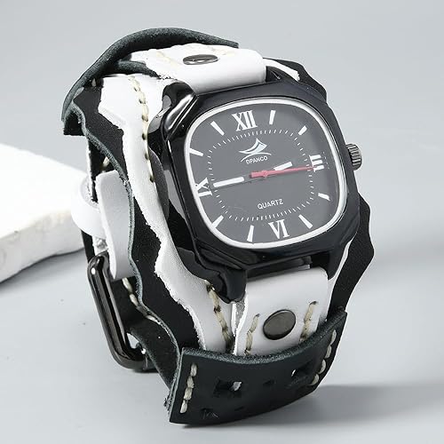 Miniatura 2 de MINILUJIA Relojes hechos a mano para hombre con cuerda de cera cosida, estilo vintage, punk, hip-hop, gótico, ancho, de cuero genuino, suave, reloj