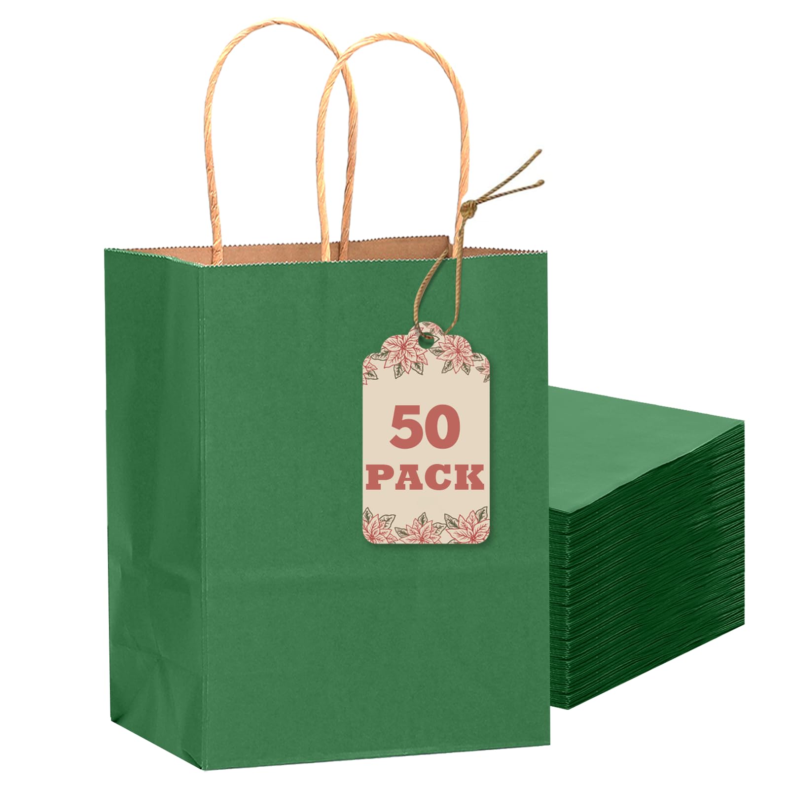 qiqee 50-Packs Gift Bag with Handles Bulk Kraft Deep Green Paper Bags Multiple Uses (8.3"x3"x6"inch Small Size)
