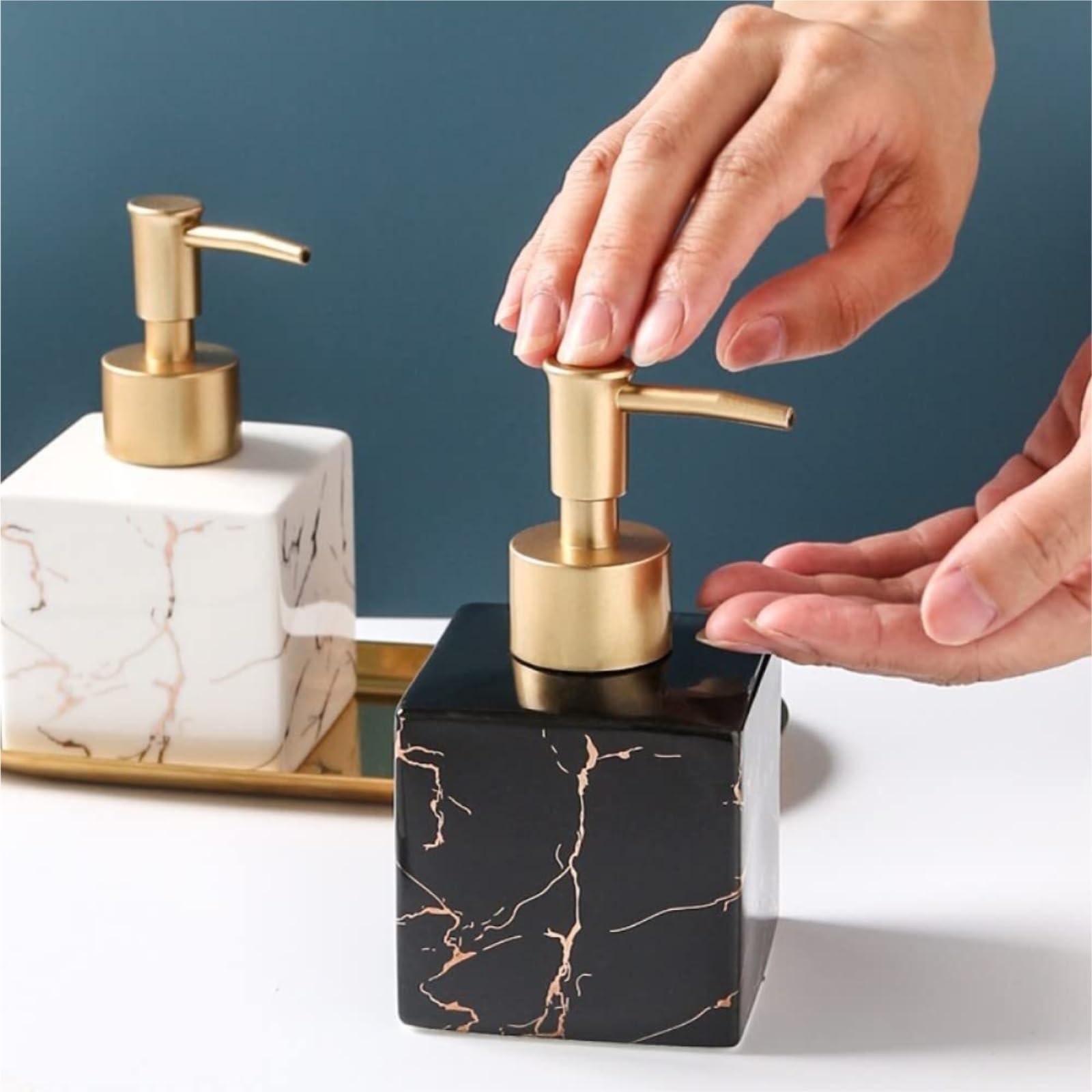 Dispensador de jabón recargable, dispensador de jabón, dispensador líquido de cerámica con bomba para las manos de porcelana a tiras dosificador líquido (A)