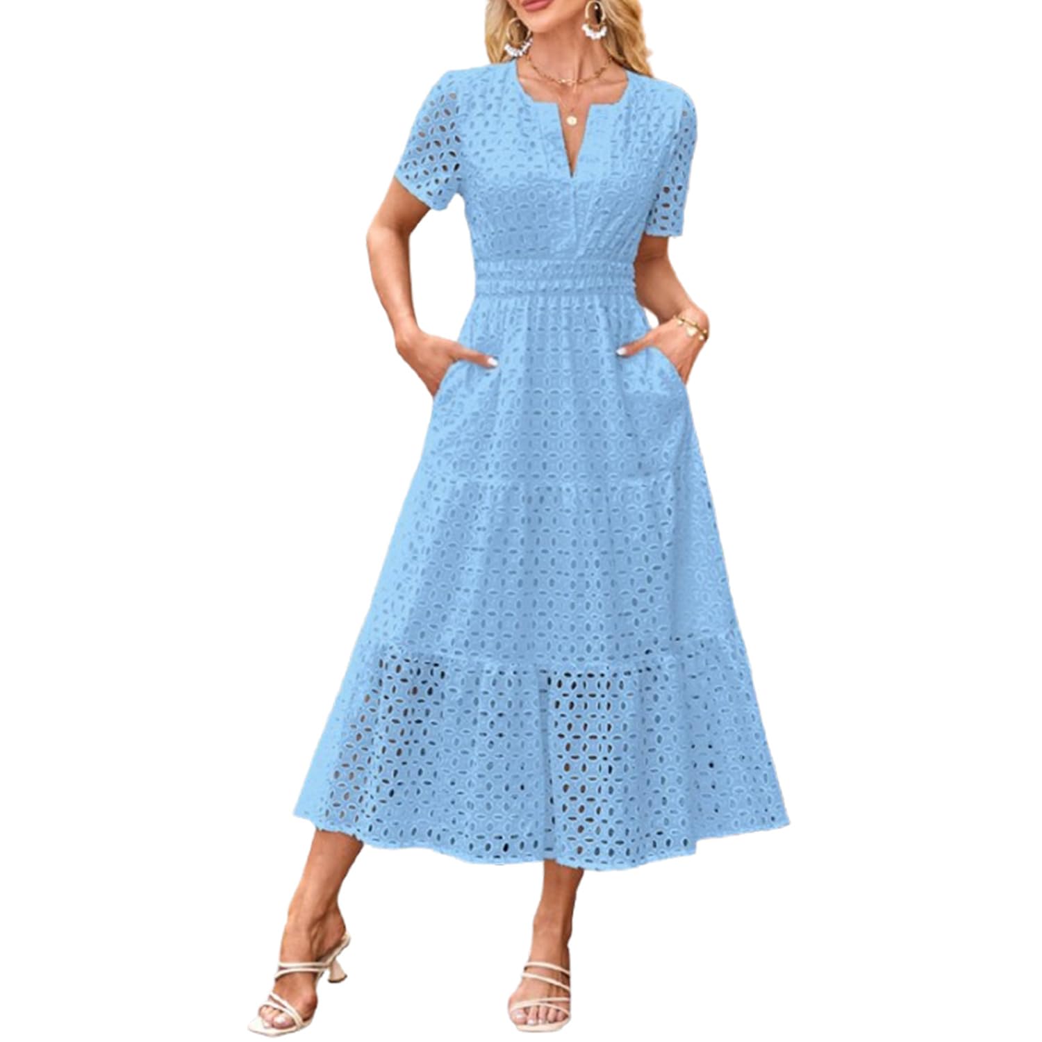 Vestido Largo de Verano de Manga Corta para Mujer, Informal, con Escote en V, Aberturas, Ojales, Cintura Alta, Volantes, Corte A, Fluido