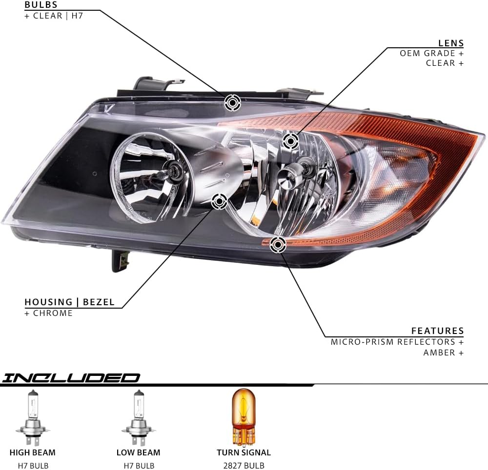 EPIC LIGHTING OE Style Halogen Headlights Assembly Replacement for BMW 06-08 323i 325i 07-08 328i 335i - Pair