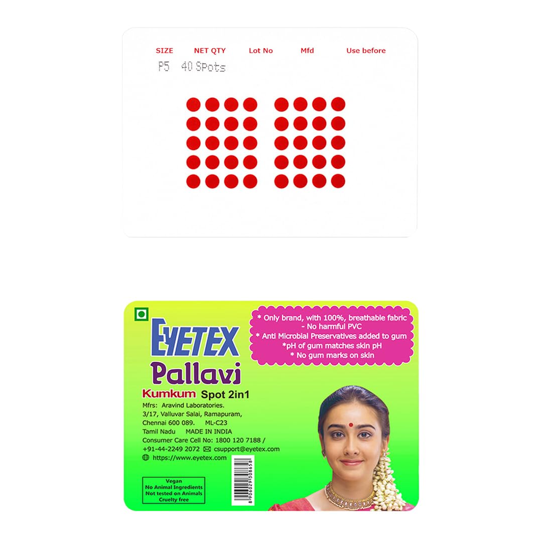 Eyetex Pallavi Sticker Bindi/Pottu|Round|Aloe Vera & Papaya Extracts|Breathable Non-Irritating Velvet Fabric|P5|Red|20 Flaps