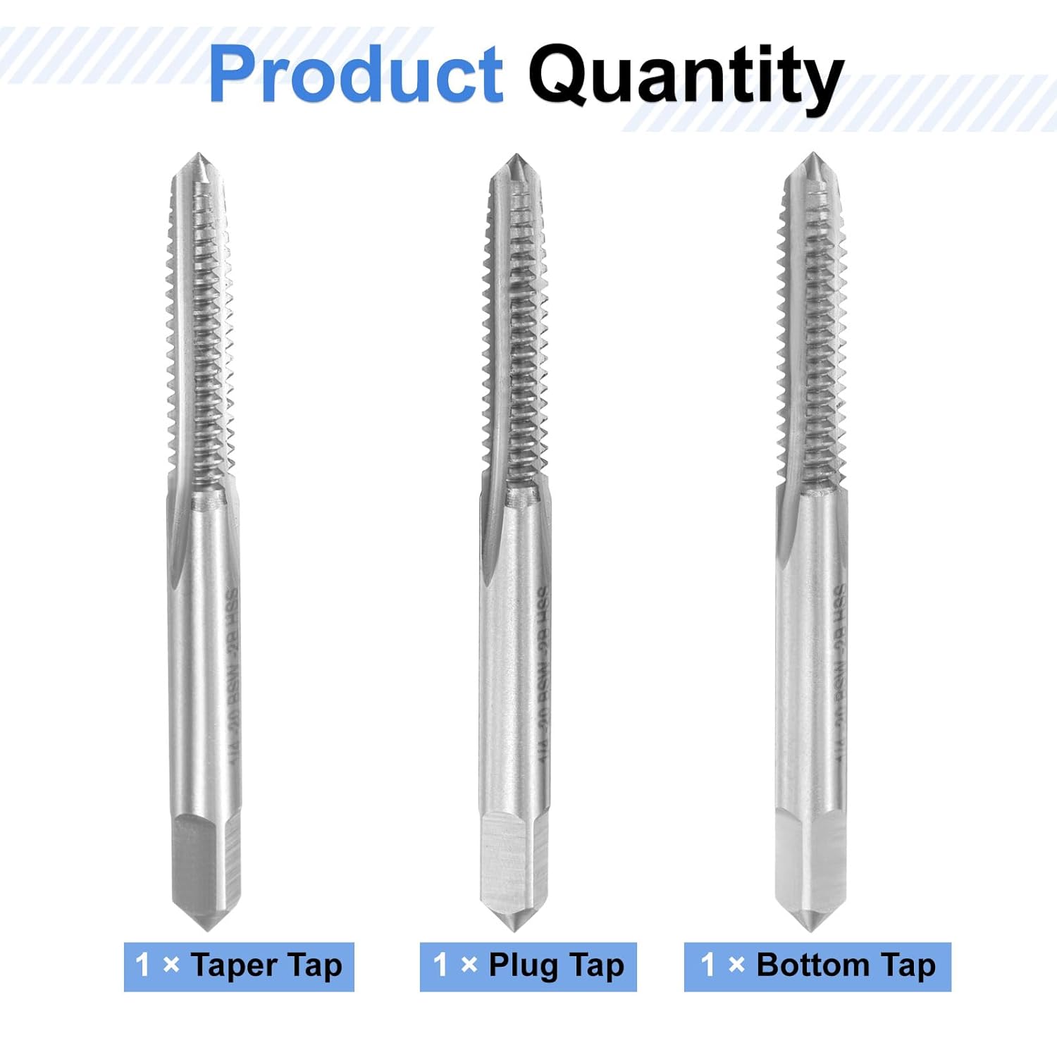 3pcs Hand Tap Set, 1/4"-20BSW Taper//Bottom Thread Screw Taps, High Speed Steel Hand Threading Tapping Tool Kit