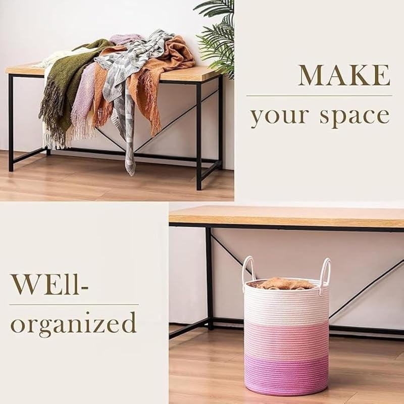 Image of Large Basket Natural Cotton Rope Storage Basket and Hamper for Cloths and Multi Usage in Living Room, Bedroom, Laundry Room (Size - 14 inch x 14 inch x 16 inch) (Pink Tiranga)