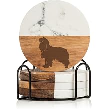 Set of 4 Drink Coasters with Holder Gift Cavalier King Charles Spaniel Acacia Wood & Marble