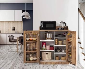 ZEYTUN Walnut Multi-Purpose 165 Degree Openable Short Pantry Kitchen Cabinet with 2 Lids
