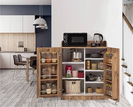 ZEYTUN Walnut Multi-Purpose 165 Degree Openable Short Pantry Kitchen Cabinet with 2 Lids