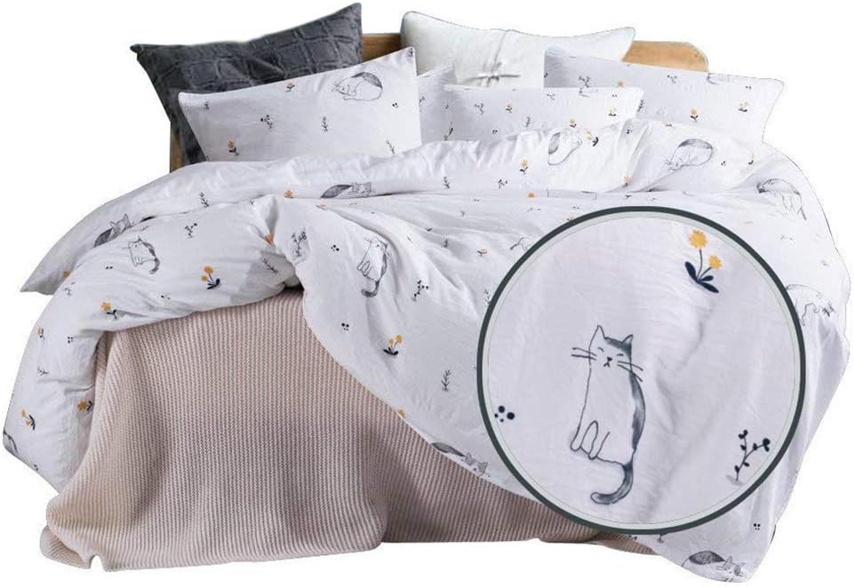 Cat Kids Duvet Cover Twin Cute Flowers Printed Duvet Comforter Cover with 1 Pillowcase, Soft and Lightweight Kids Bedding Set (Cat, Twin)