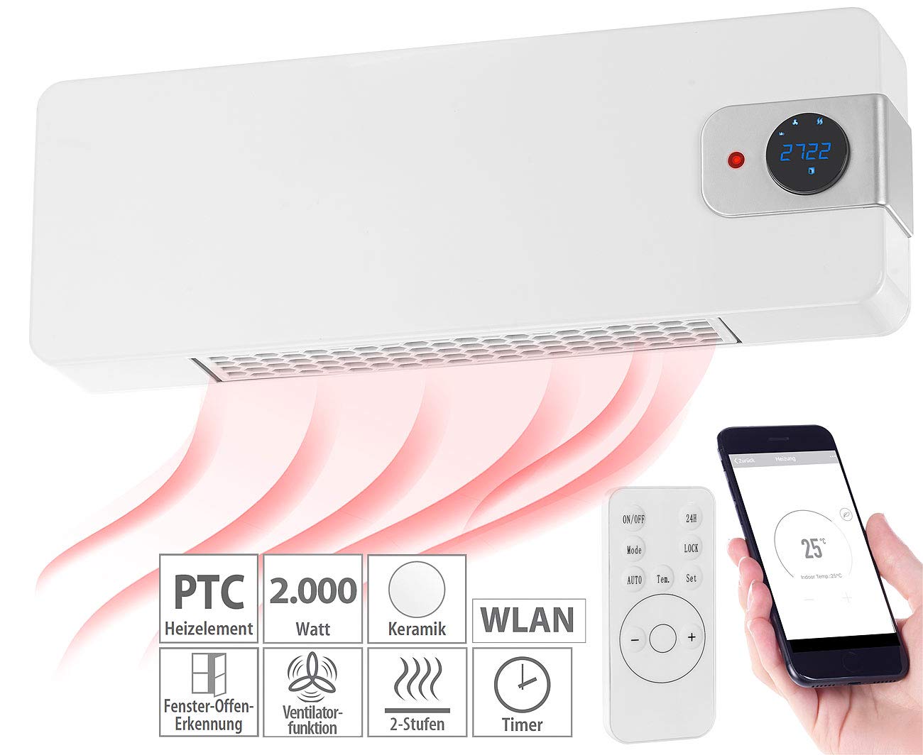 Sichler Haushaltsgeräte Heizung WLAN: WLAN-Keramik-Wandheizlüfter, LED-Display, 2.000 W, Versandrückläufer (Heizlüfter Apps, Heizlüfter Smart, Tablet Halterung)