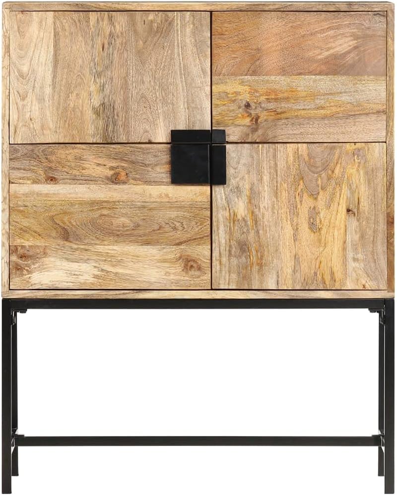 Rustic highboard Solid Mango Wood Brown and Black Polished Finish 11.8x31.5x39.4 inches 4-Door Storage Cabinet with Steel Legs Indoor Living Room Storage Cupboard