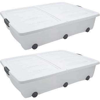 Spetebo XXL Underbed Storage Unit with Hinged Closure Set of 2 60 Litres Storage rolling box with two-part lid in white - universal storage box underbed box toy box with wheels