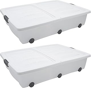 Spetebo XXL Unterbettkommode mit Klappverschluss 2er Set - 60 Liter - Aufbewahrungs-Rollbox mit zweigeteiltem Deckel in weiß - Universal Aufbewahrungsbox Unterbett Box Spielzeugkiste mit Rollen