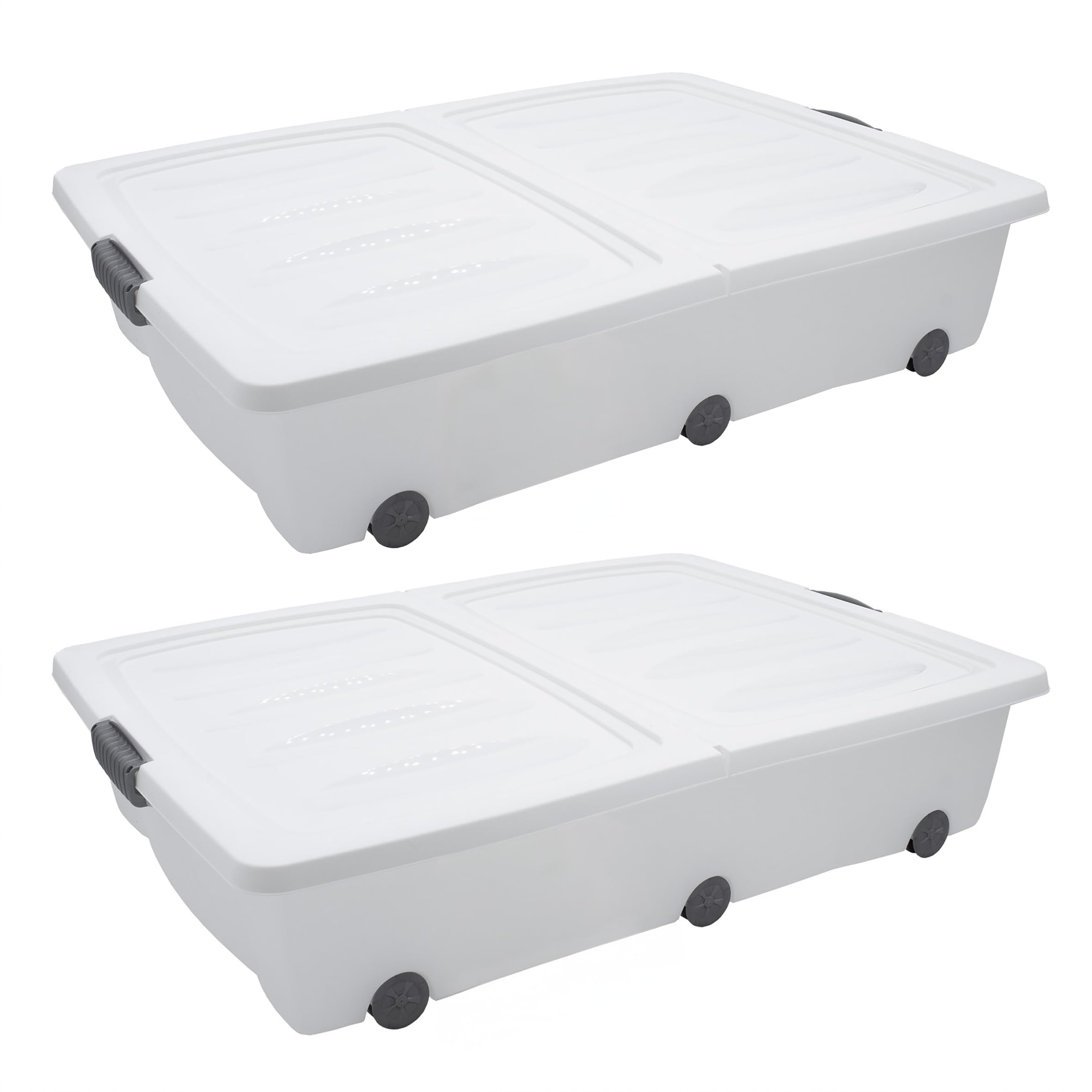 Spetebo XXL Unterbettkommode mit Klappverschluss 2er Set - 60 Liter - Aufbewahrungs-Rollbox mit zweigeteiltem Deckel in weiß - Universal Aufbewahrungsbox Unterbett Box Spielzeugkiste mit Rollen