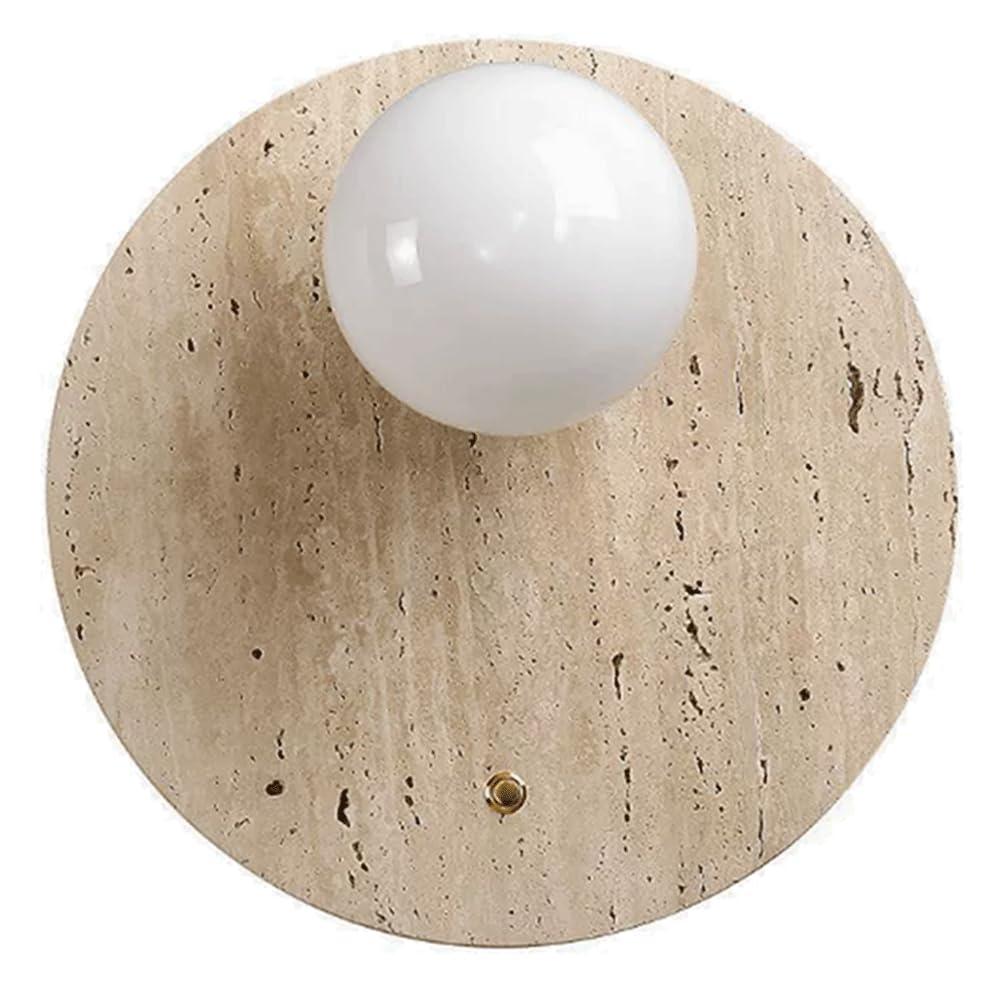 SHUANGZ Round Travertine Wall Sconce, Natural Stone Wall Lamp, Japanese Style Art Decor Stone Light Fixture, Indoor Wall Mounted Lamp for Entryway, Bedroom, Living Room, Dining Room G9 Base