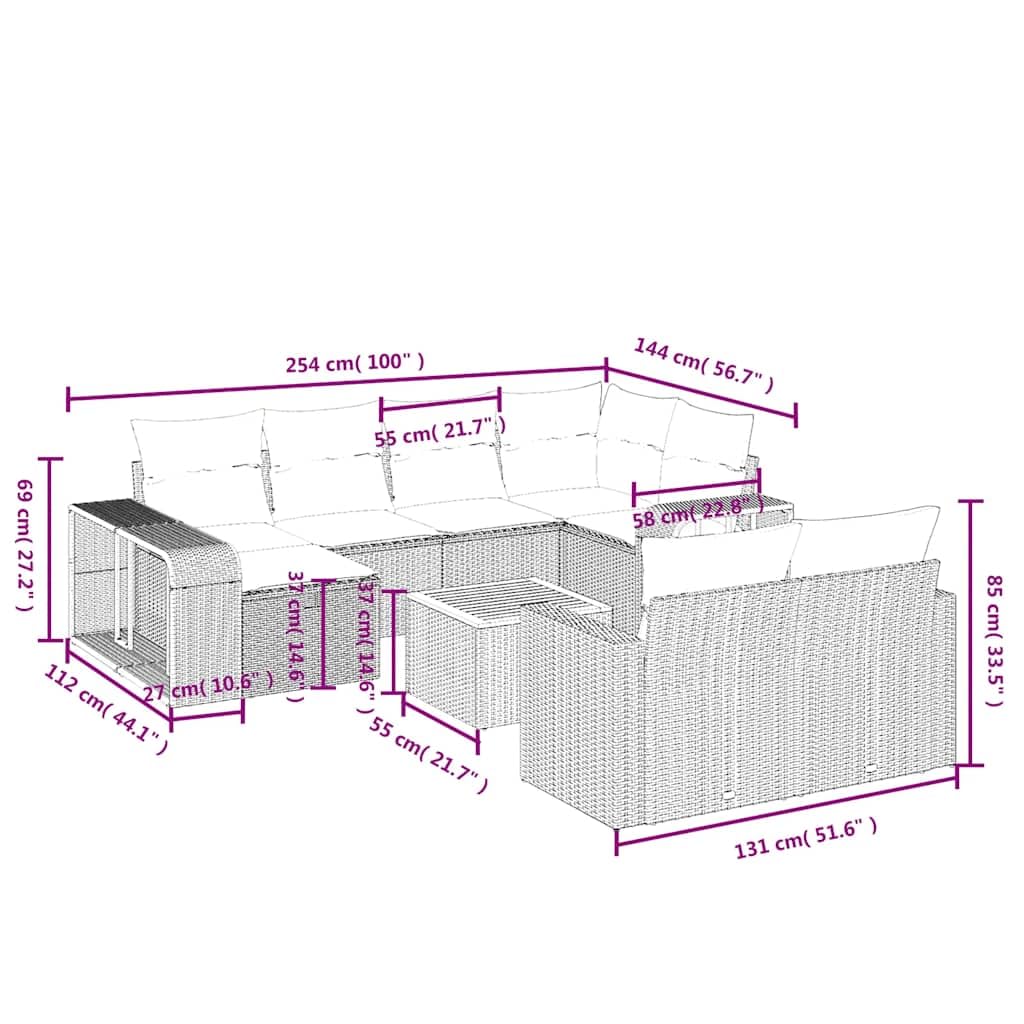 11-TLG. Garten-Sofagarnitur aus Poly Rattan mit Kissen Schwarz, wetterfestes Lounge Möbel Set für Terrasse Balkon, inkl. Tisch aus Akazienholz