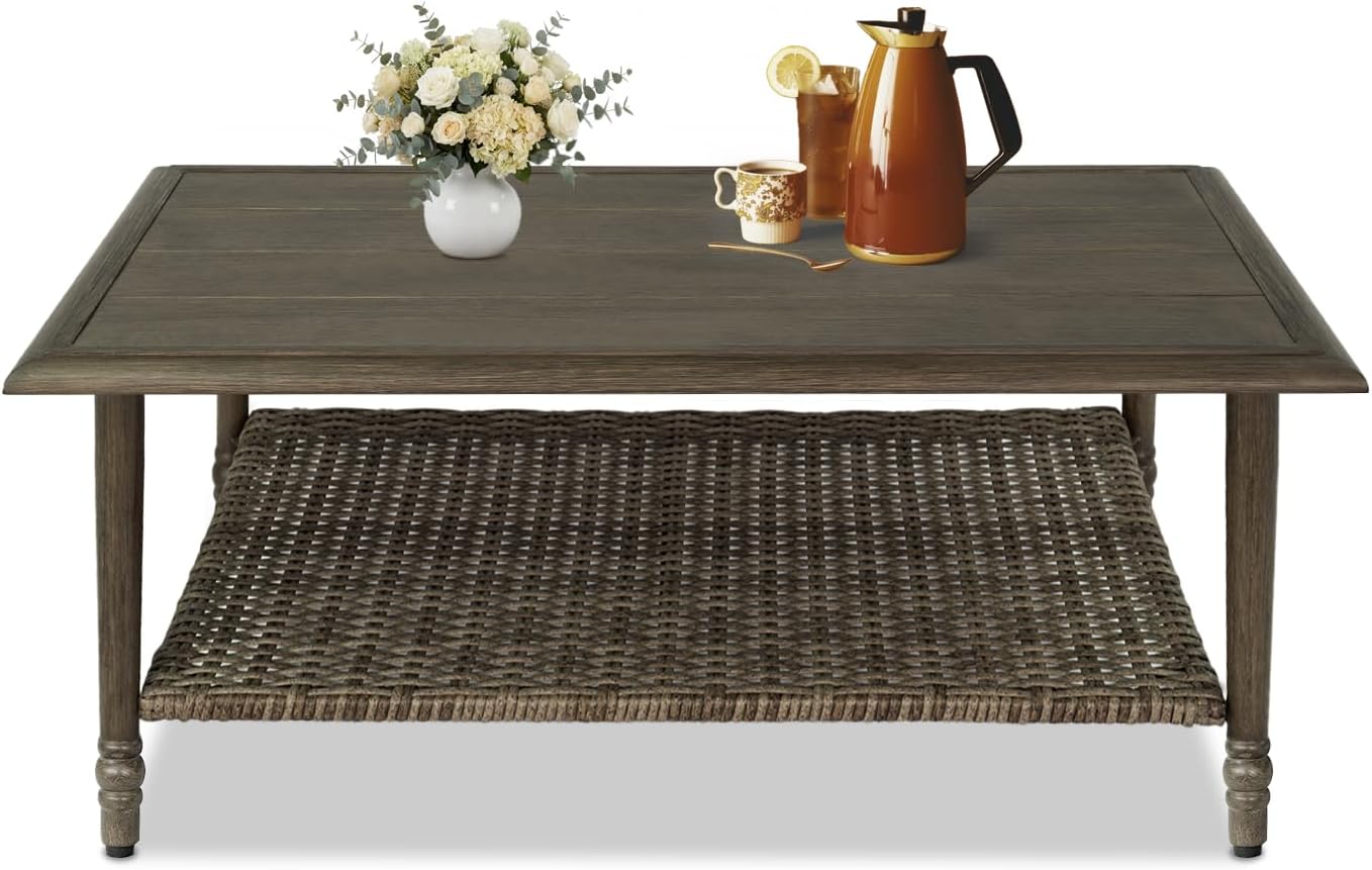 Outdoor Coffee Table, Heavy Duty Wicker Coffee Table, 2-Tier Patio Table with Storage, Patio Coffee Table for Garden Deck Balcony Poolside