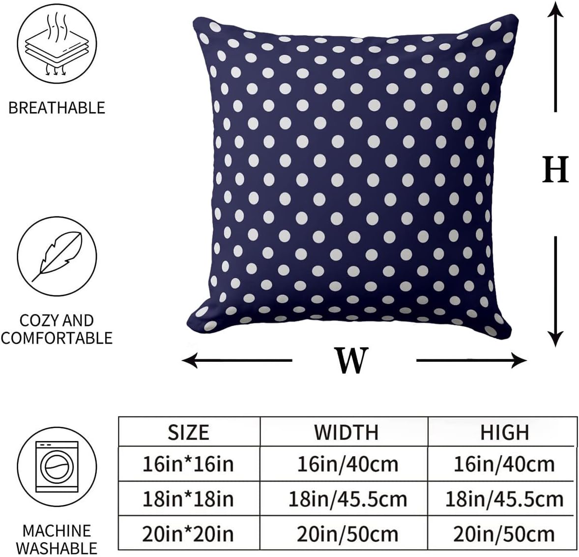 Navy White Polka Dots Outdoor Throw Pillow Cover 20 x 20inch Square Decorative Pillowcase for Couch, Chair, Bedroom