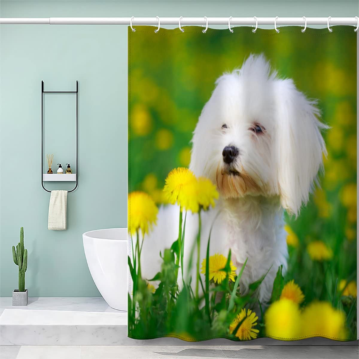 AOLIGL Shower Curtain 180 x 200cm Shower Curtain White dog, Maltese dog Shower Curtains Bathroom Waterproof/Shower Curtains Mould Proof Resistant With 12 Hooks and Weighted Hem
