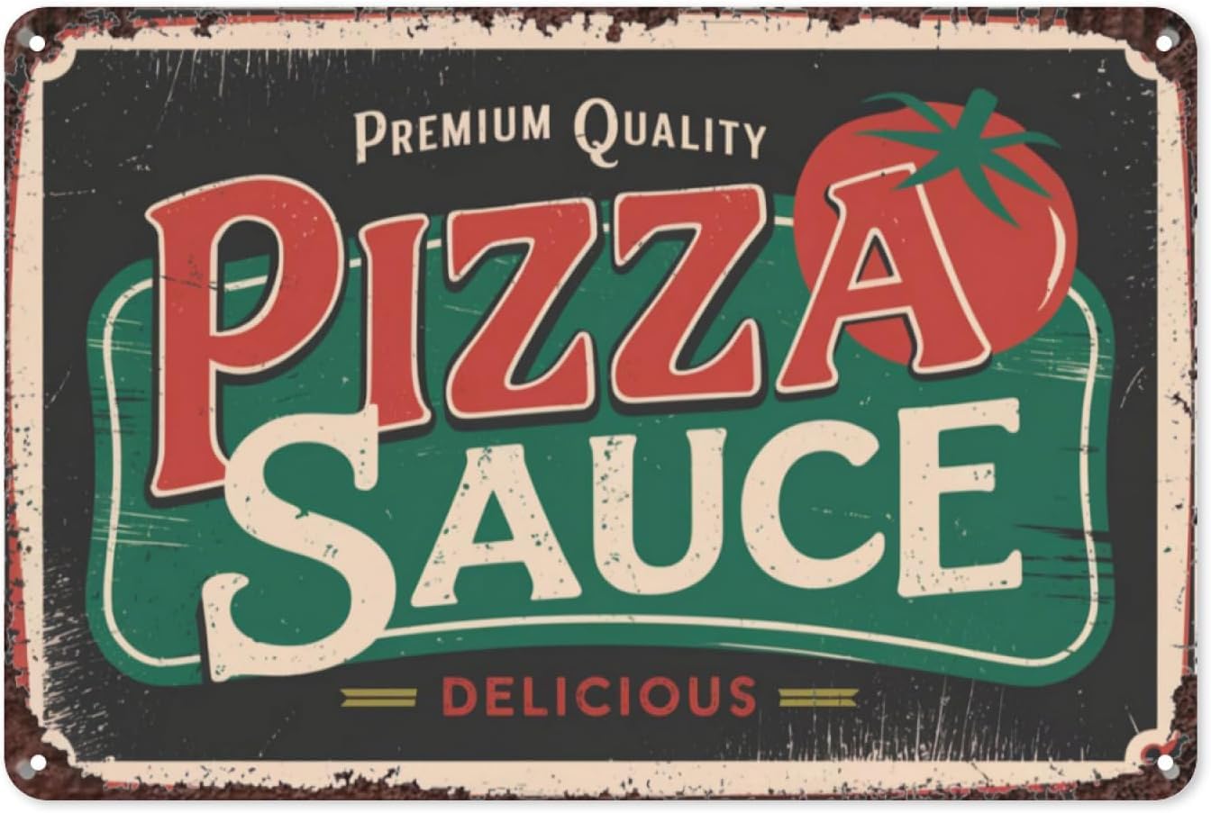 SMAZDFXX Pizza Sauce Delicious Food Tomatoes Retro Tin Sign, Vintage Metal Wall Decor for Kitchen, Diner, or Pizza Shop, Classic Pizza Theme Wall Art Poster for Pizza Fans 12"x16"