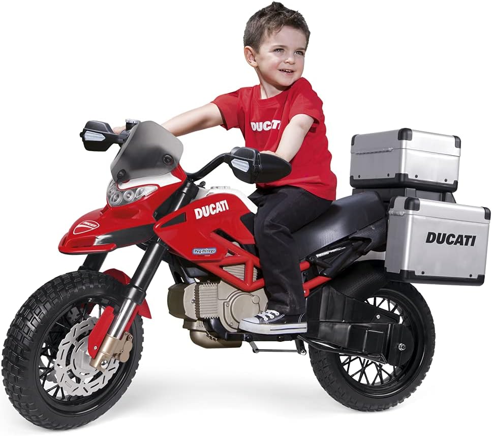 Ducati Enduro 12V Electric Ride-On Motorcycle for Kids – 2 Speeds, Rubber Wheels, Pedal Brake, Removable Stabilisers & Tour Packs, Off-Road Ready, Rechargeable Battery, Ages 3+, Red