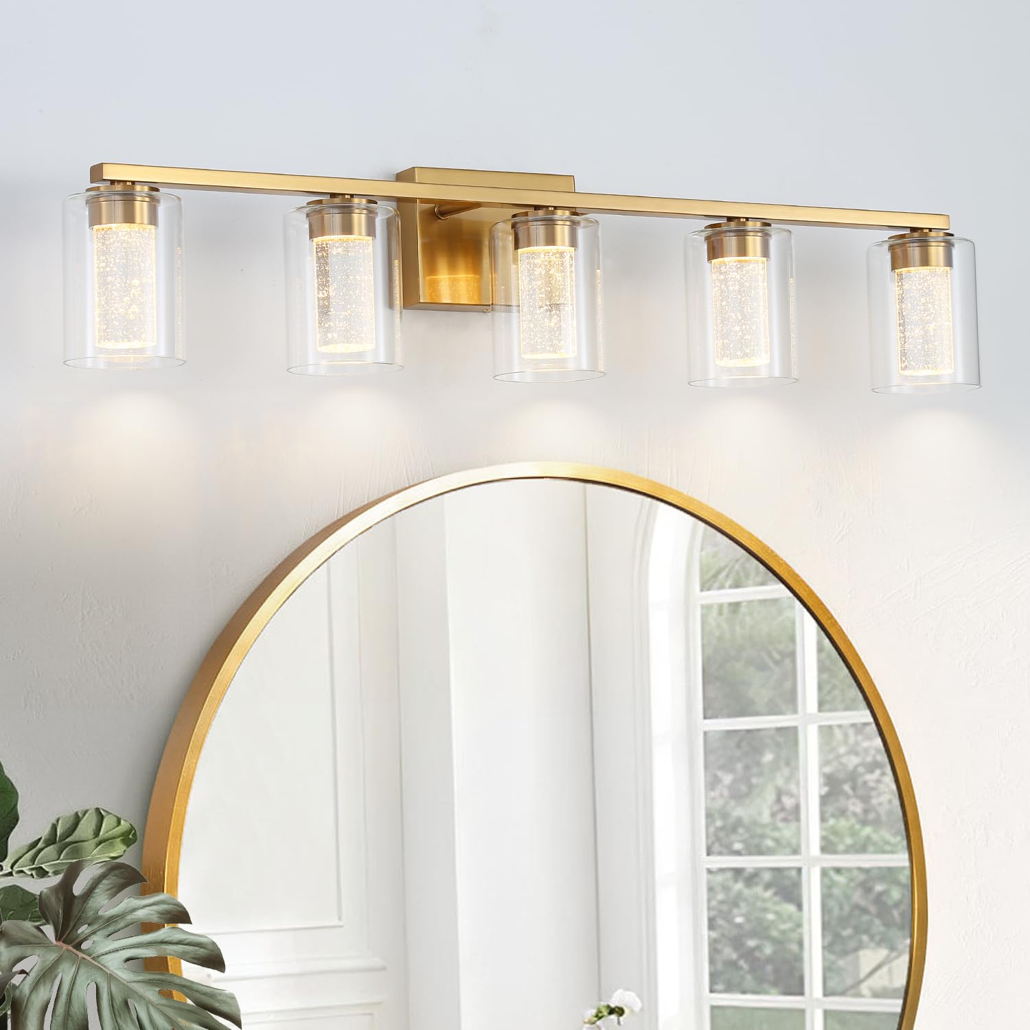 5-Light Gold Bathroom Light Fixtures,Dimmable 5CCT LED Vanity Lights with Crystal Bubble & Clear Glass,2700K-6500K Adjustable Brushed Brass Bathroom Lights Over Mirror for Hallway