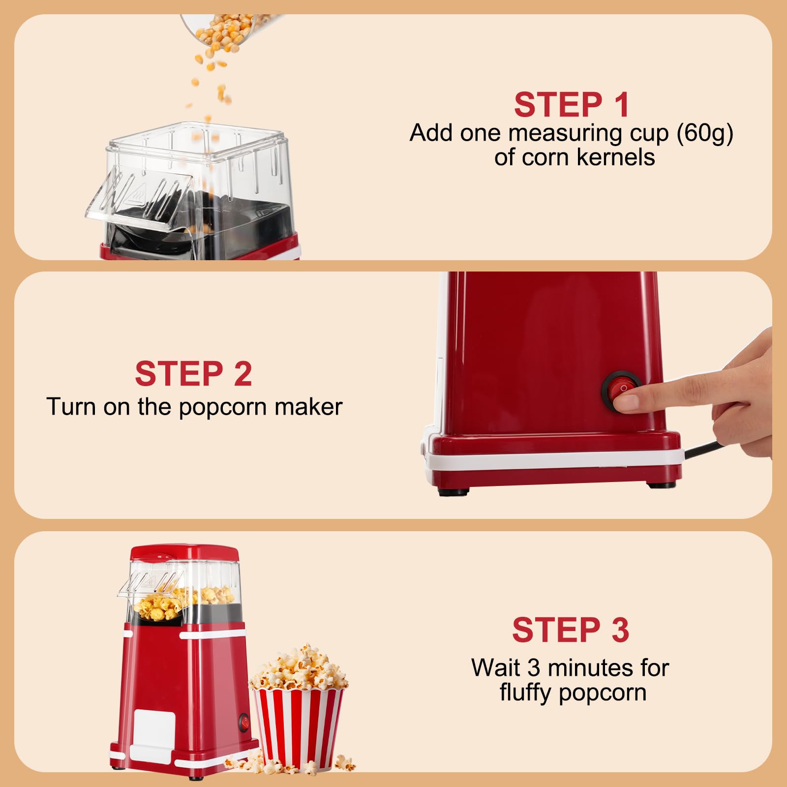 Cozary Macchina Popcorn, Macchina Per Popcorn ad Aria Calda Da 1200 W Con Misurino, One-Touch,Senza Grassi, 2 Minuti Veloce, per il Cinema Casa, le Serate Cinematografiche,Natale, le Feste,Retro