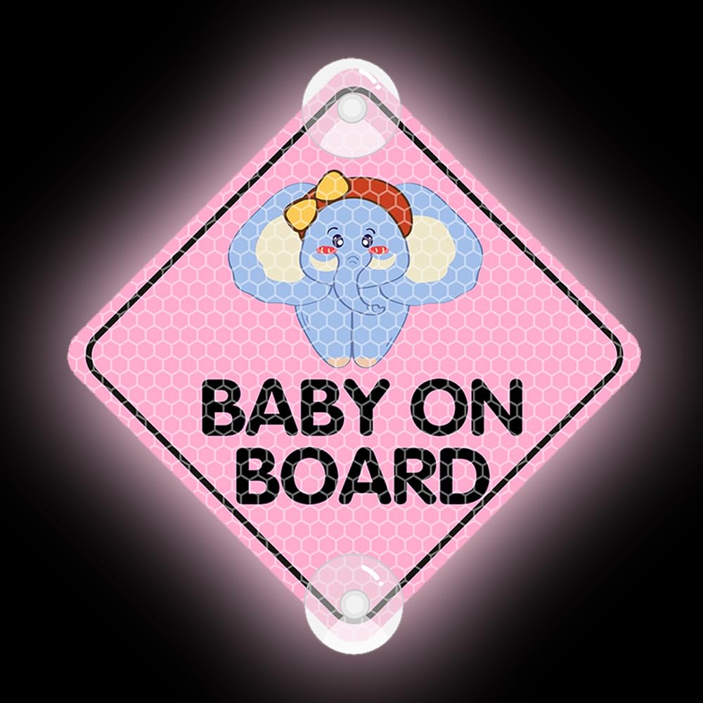 Baby On Board Suction Cup for Cars, Highly Reflective Double-Sided Kids On Board Stickers Warning Caution Sign Decals for Car Window (Reflective Suction Cup, Elephant)