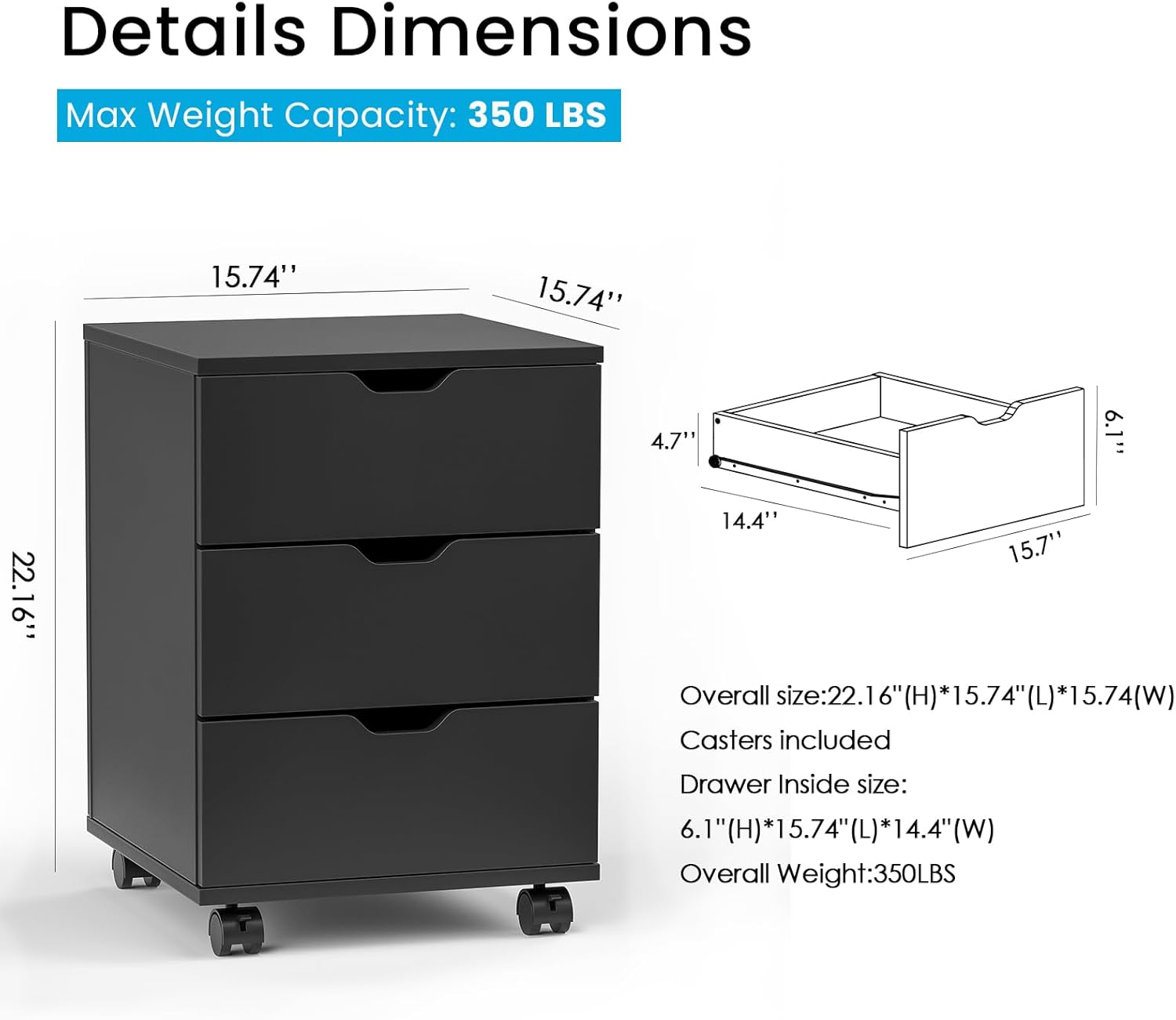 Farini Wood File Cabinet for Home Office,Under Desk 3 Drawer Mobile File Cabinet(Black,Fully-Assembled)