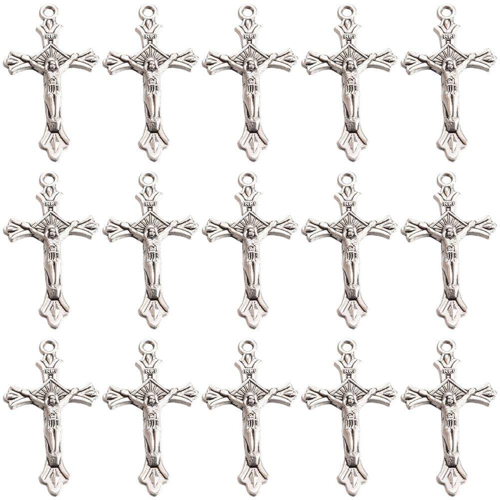 SUNNYCLUE 1 Box 50Pcs Rosary Cross Charms Easter Crucifix Pendants Tibetan Style Rosaries Bulk Vinatge Antique Silver Cross Charms for Jewellery Making Supplies DIY Necklace Bracelet Earrings Craft