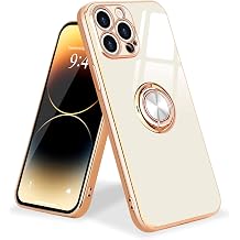 Magnetic for iPhone 14 Pro Max Case with Stand Ring Holder - White | 360 Rotatable Finger Ring Kickstand for Women Men, Magnetic Car Mount, Gold Plating Soft TPU Cover, Shockproof Phone Case