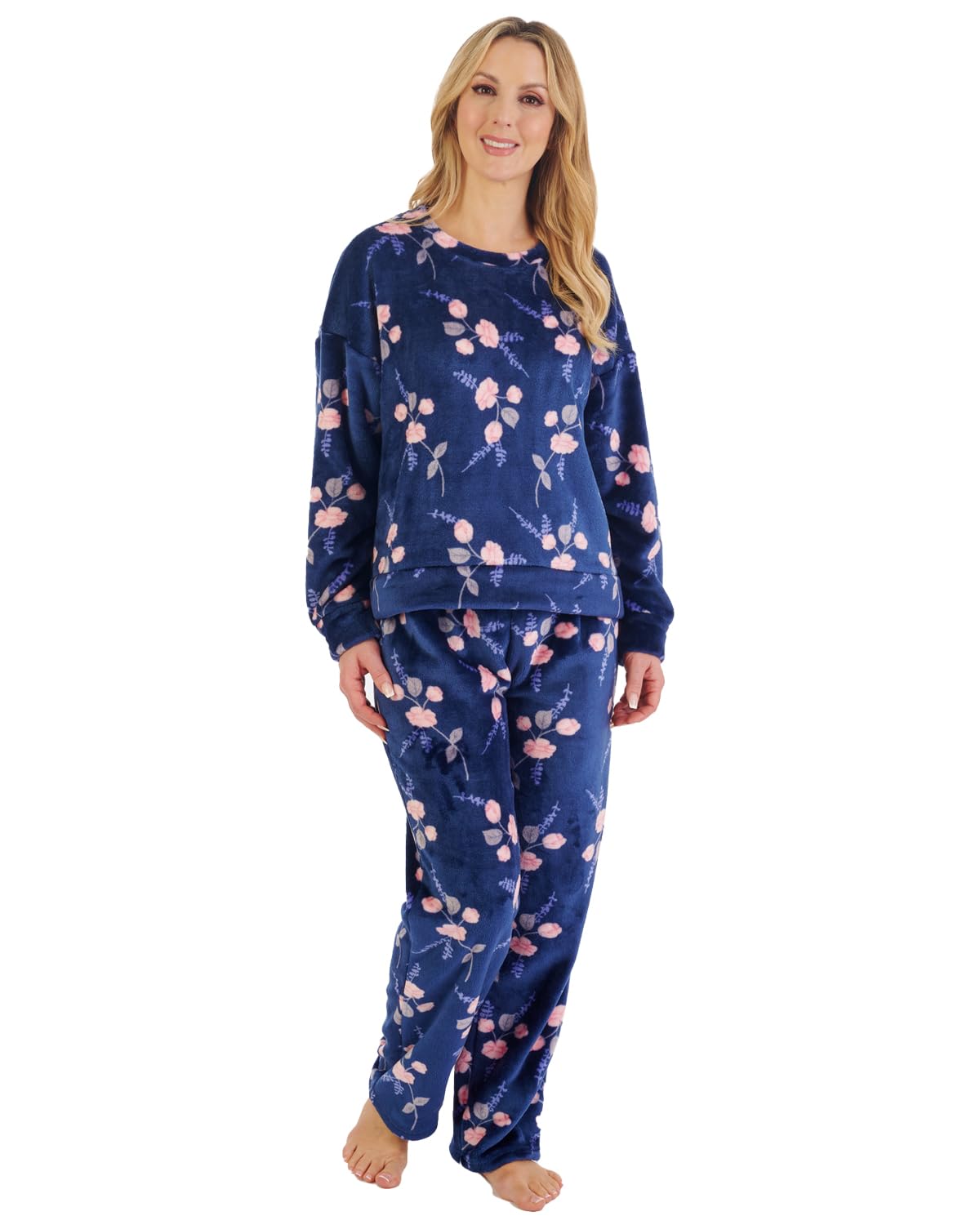 Slenderella Ladies Floral Fleece Pyjamas PJ06314 Navy Small