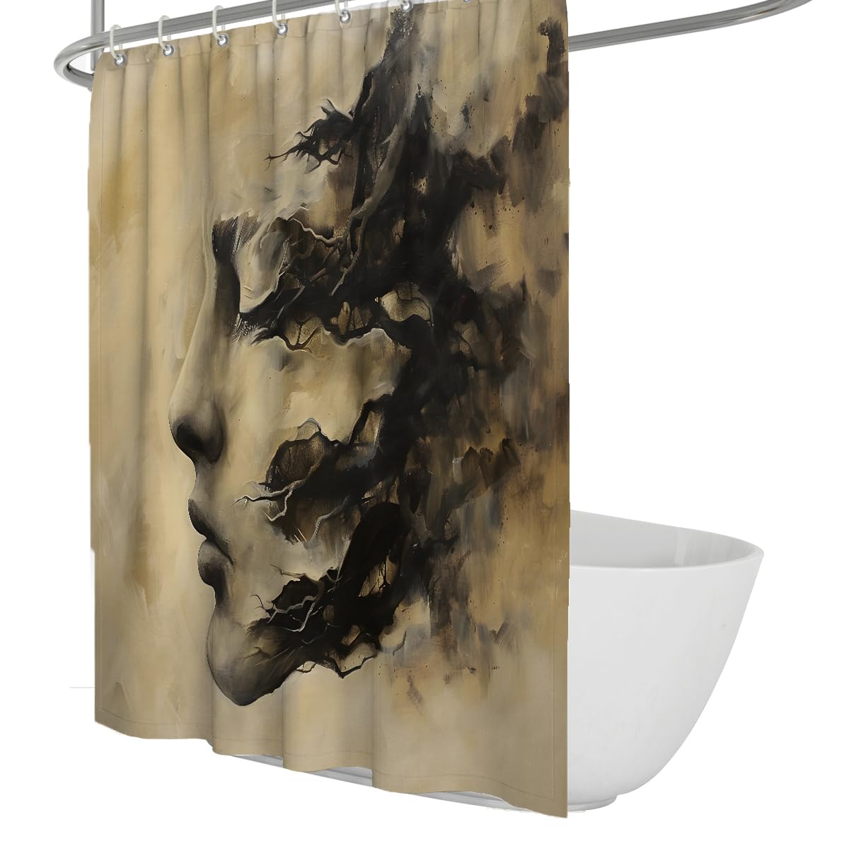 Abstraktes Gesicht Tinte Vintage-Duschvorhang 200 x 240 cm | Dunkler Aquarell-Badevorhang, wasserdichtes Polyester, Badezimmerdeko mit Kunststoffhaken