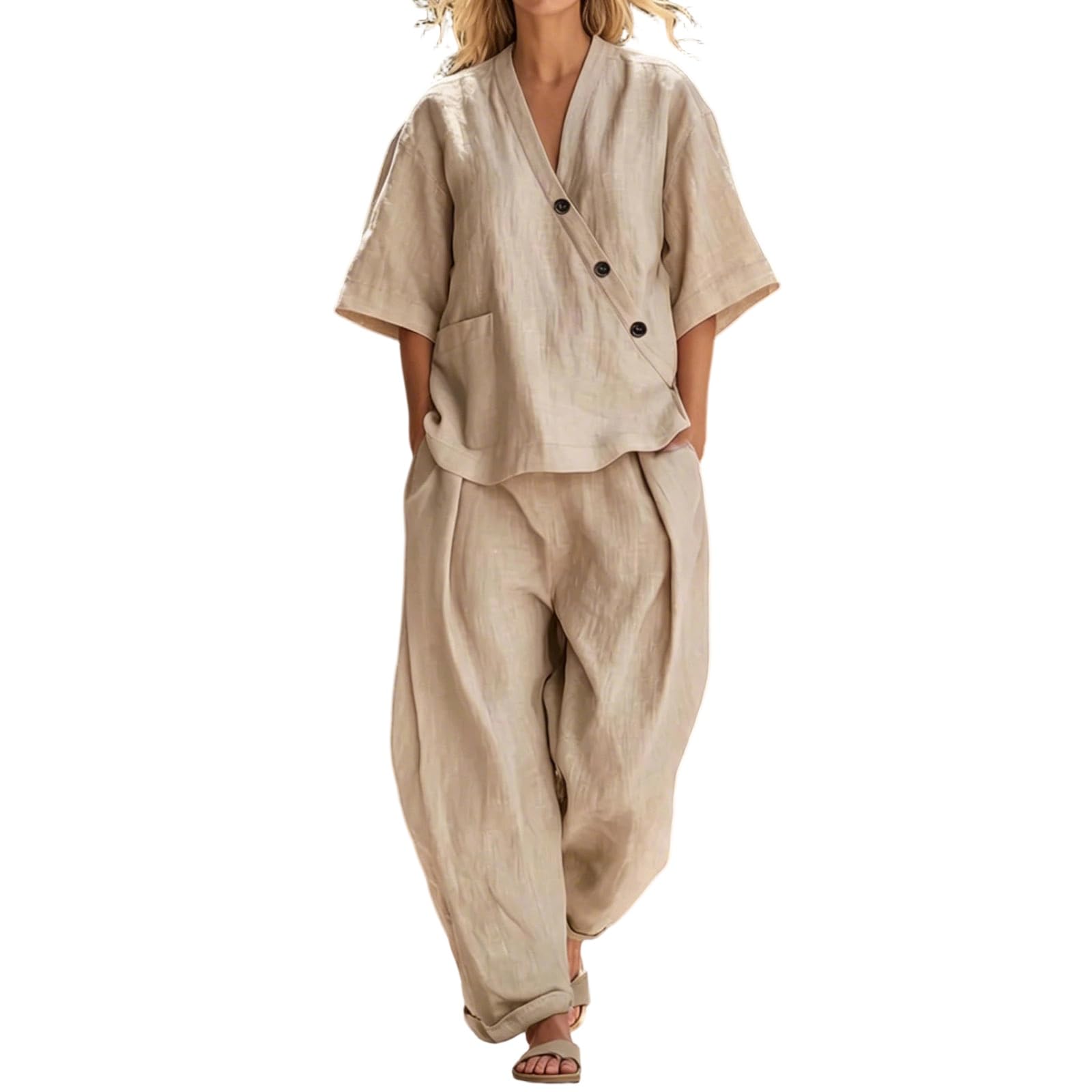 Zweiteiler Damen Sommer Leinen Hosenanzug Elegant Musselin Set 2 Teiler Baumwolle Oberteil und Weite Hose Luftig Leichte Leinenanzug Freizeitanzug Hausanzug Casual Outfits Lose