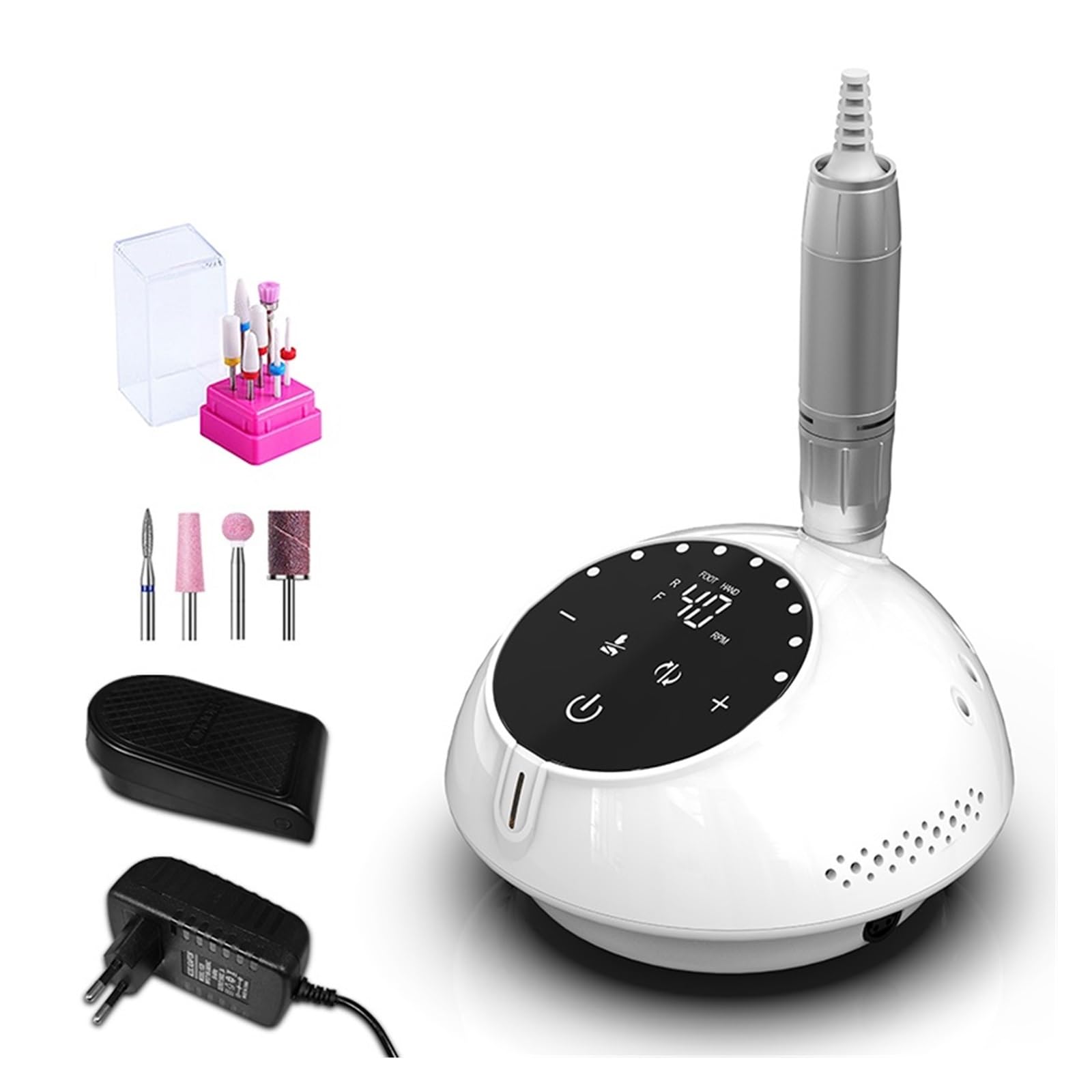 Elektryczna frezarka do paznokci, 40000RPM elektryczna wiertarka do paznokci maszyna manicure, Pedicure z ekranem dotykowym, sprzęt zdobienia, zestaw frezów do treningu i użytku domowego(White-Set)